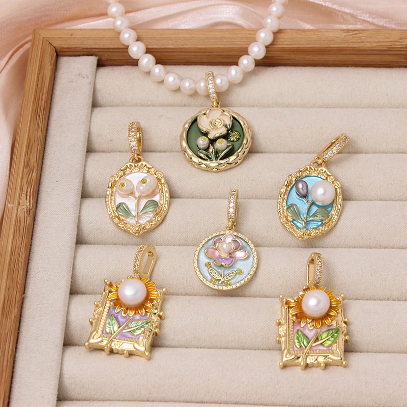 6g Weight Pendant Jewelry Making Type DIY Ornament Accessories Classification 1 Piece Quantity Freshwater Pearl, Copper Material Flower Pattern All Seasons Season Enamel Design Chinoiserie, Classical Style 1 Piece Freshwater Pearl Copper Flower Pendant 2