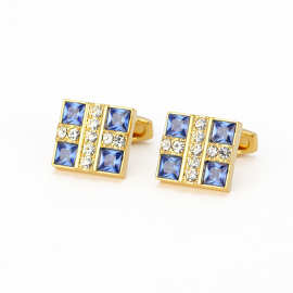 蓝色水晶衬衫袖扣 金色男士袖钉 婚礼袖口扣 欧美商务法式袖扣