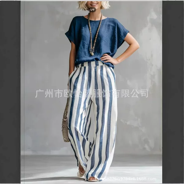European and American Independent Websites Amazon Aliexpress 2026 Summer New Style Comfortable Classic Striped Cotton and Linen Two-Piece Set