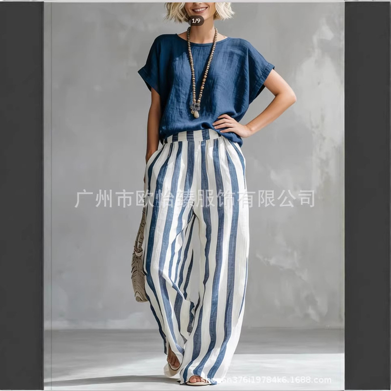 European and American Independent Websites Amazon Aliexpress 2026 Summer New Style Comfortable Classic Striped Cotton and Linen Two-Piece Set European and American Independent Websites Amazon Aliexpress 2026 Summer New Style Comfortable Classic Striped Cotton and Linen Two-Piece Set