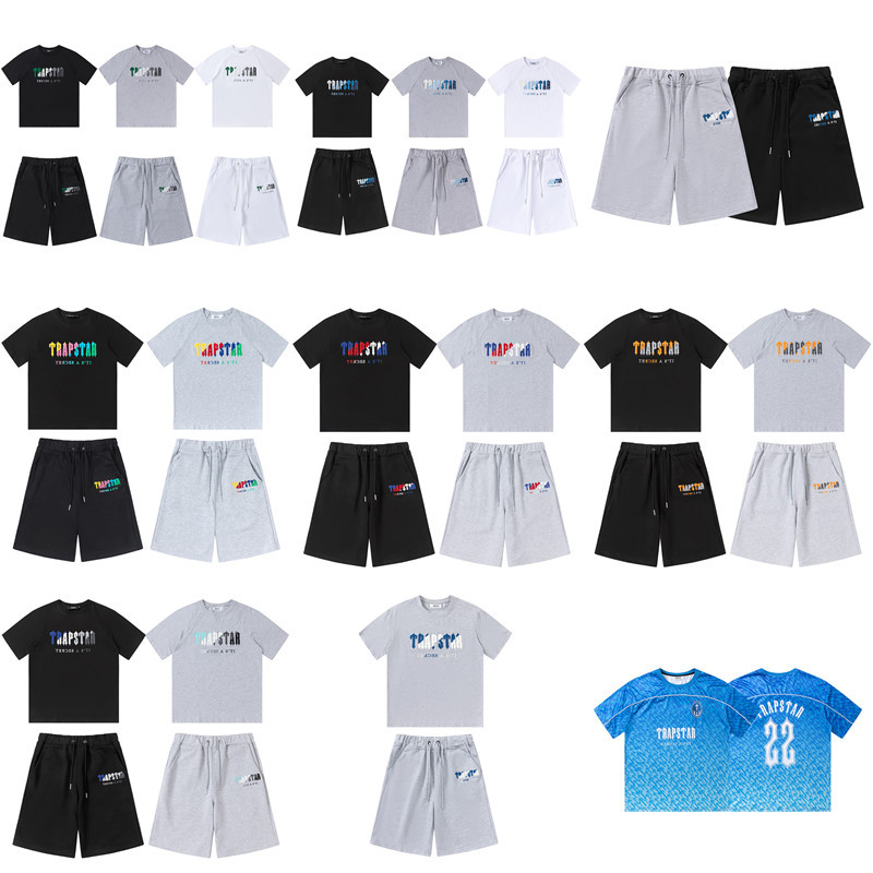 thumbnail for Cross-border foreign trade Trapstar short sleeve suit rainbow letter gradient towel embroidery loose casual shorts suit