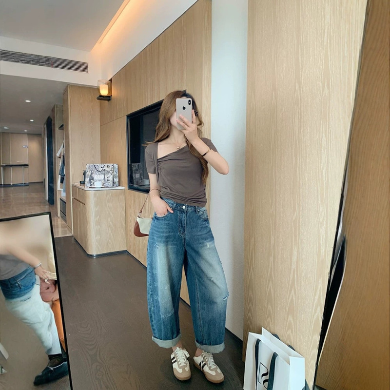 026 Summer Thin Distressed Cropped Balloon Pants Street Style Ripped Jeans 026 Summer Thin Distressed Cropped Balloon Pants Street Style Ripped Jeans