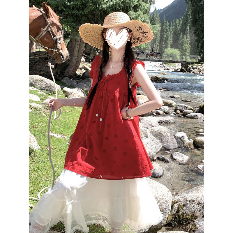 French Resort Style Red Mid-Length Hollow Loose Suspender Dress Women's White Mesh Skirt Two-Piece Set