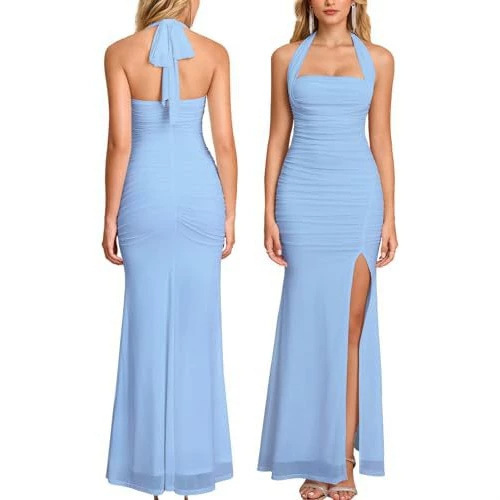 Cross-Border Aliexpress Halter Neck Fishtail Dress with Pleated Waist and High Slit Design, Long Dress with Gentle Style for Evening Events