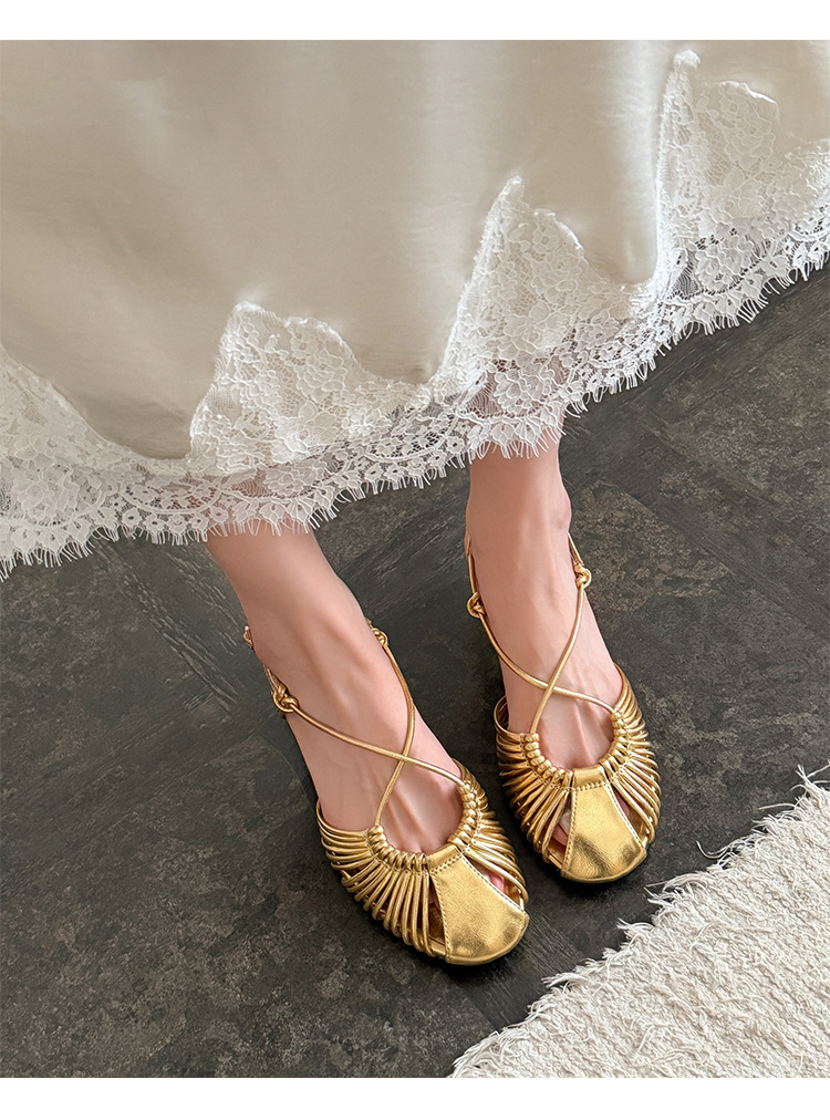 Sandal nữ quai mảnh buộc chéo gót trung bình phong cách Hàn Quốc — màu nâu chi tiết 8