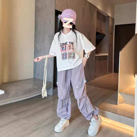 女童夏季工装运动套装2024新款中大童女童卡通短袖T恤长裤两件套