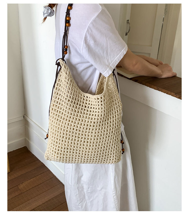 Summer woven beaded single-shoulder bag for women, large capacity, retro and fashionable, hollowed-out casual vacation style underarm crossbody bag undefined