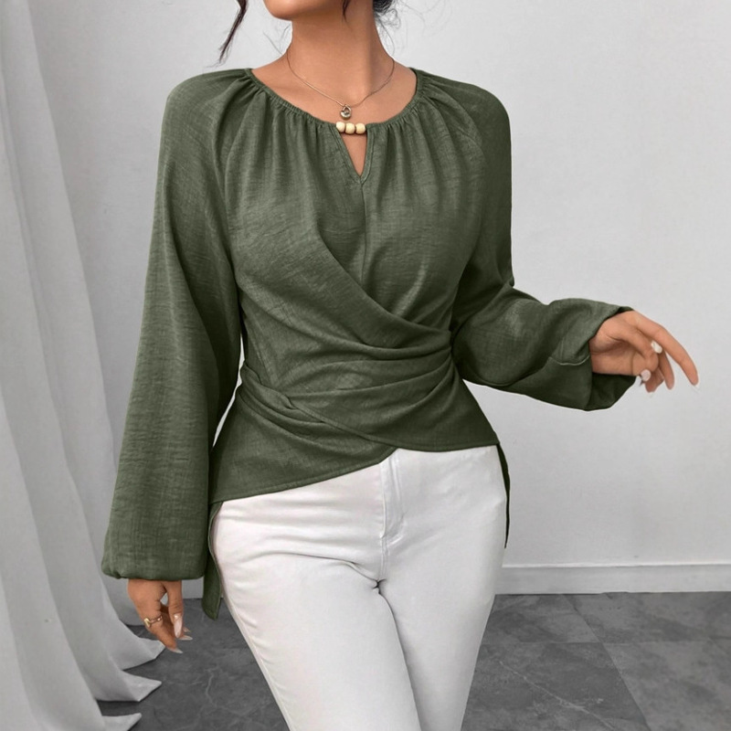 2025 Export Cross-Border Autumn and Winter Women's Strappy Woven Asymmetrical Hem Long-Sleeved T-Shirt
