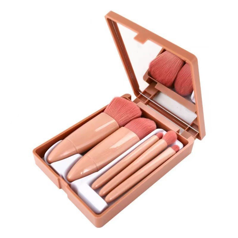 Makeup Brush Set with Mirror, Compact Blush & Foundation Brushes, Portable 5-piece (bean paste color)