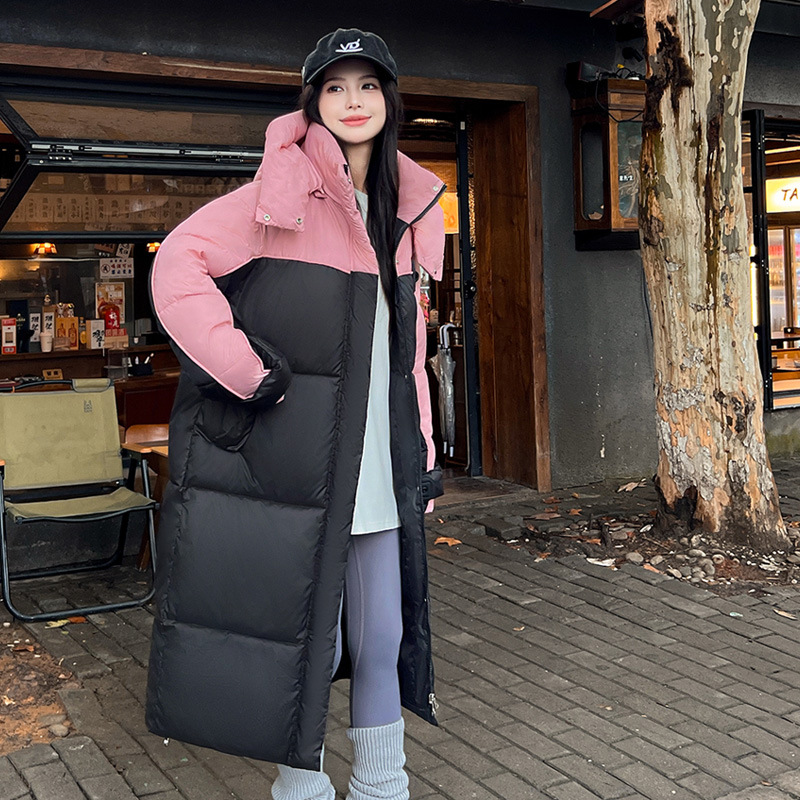 Gran tamaño largo sobre la rodilla ropa de moda de algodón de mujer coreana chaqueta de algodón de color contrastante ropa de algodón con capuchón suelta ropa de pan de mujer chaqueta
