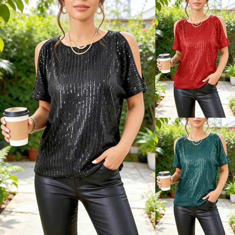 European and American Amazon Cross-Border Export Women's New Sexy Off-Shoulder Round Neck Short-Sleeved Glitter Sequin T-Shirt Tops for Women