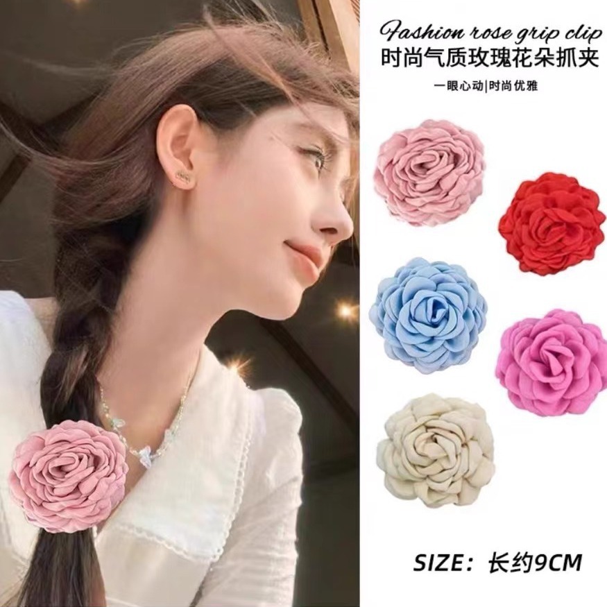 레드 로즈 플라워 클립 대형 상어 클립 여성용 2024 새로운 하이 엔드 Safflower 하프 헤어 클립 헤드웨어