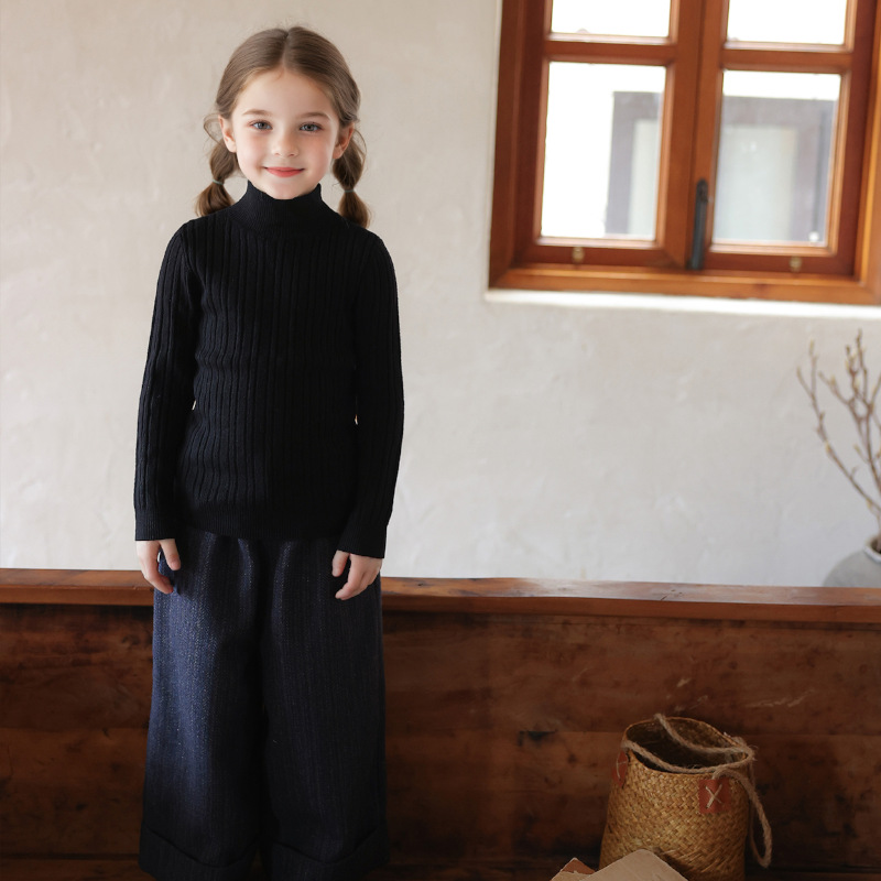 Suéter infantil, camiseta de punto, otoño y invierno, niñas y niños, cuello medio alto, bebé, camiseta de punto de fondo de color sólido, niños y niños