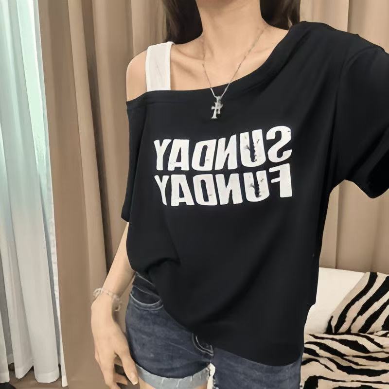 2025夏 オフショルダーサスペンダー コントラストレターカジュアルプリント半袖Tシャツ おしゃれ ゆったり 着痩せ 万能韓国版|undefined