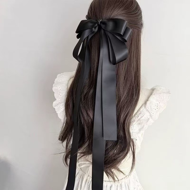 2026 Spring/Summer Headwear: Black Ribbon Extra-Long Bow Hair Clip for Women, High-End Spring Clip Hair Accessory for the Back of the Head