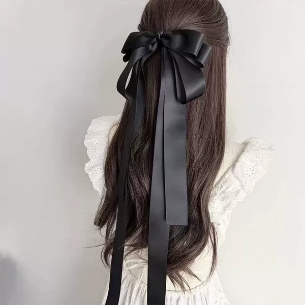 2026 Spring/Summer Headwear: Black Ribbon Extra-Long Bow Hair Clip for Women, High-End Spring Clip Hair Accessory for the Back of the Head