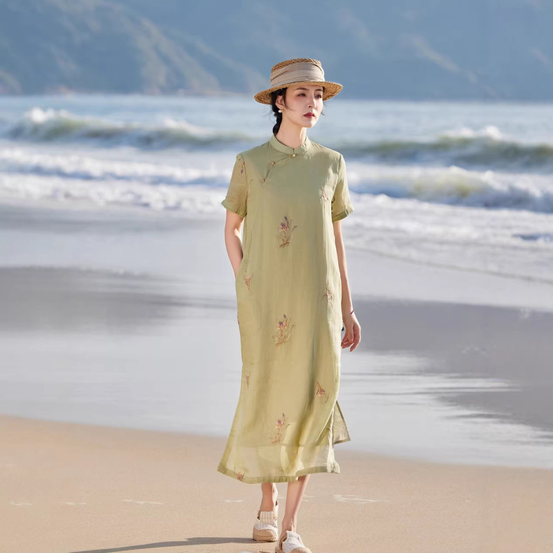2026 Original New Artistic Women's Clothing Ramie Embroidered Long Qipao Dress, Auspicious Long Dress for Exam Success