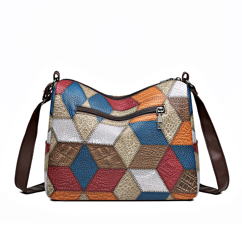 Sac à dos bandoulière patchwork grande capacité en cuir souple, style rétro simple, idéal pour les mamans d'âge mûr (collection 2024)._voghion.com