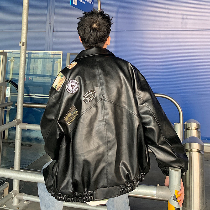 Men's jacket, Spring autumn oversized motorcycle suit men, loose and trendy PU leather for young pilots, _voghion.com