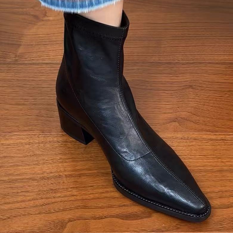 Pointed Toe Thick Heel Short Boots for Women 2025 Autumn and Winter New Soft Leather Elastic Slim Boots French Commuter High Heel Boots