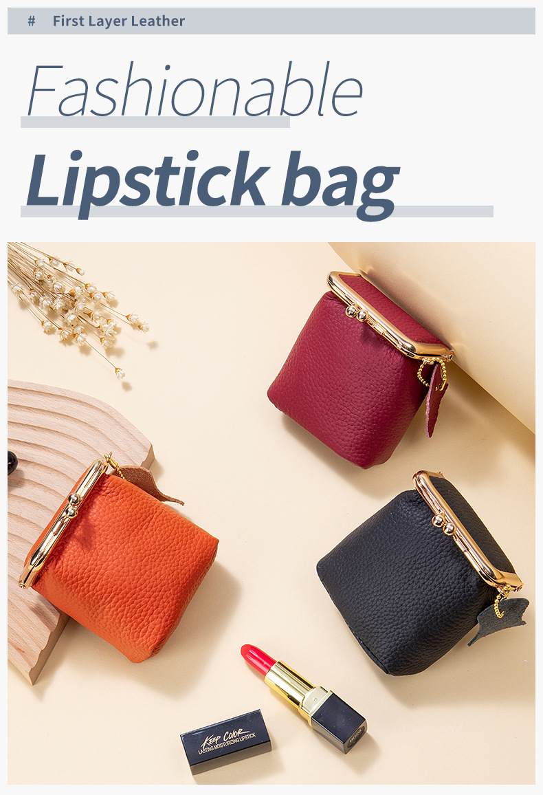 New leather mini mouth red envelope ins style lychee pattern multifunctional lipstick box convenient change coin storage_voghion.com