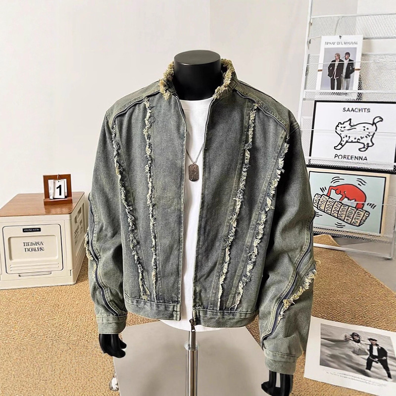 American Retro Deconstructed Raw Edge Fashion Denim Jacket Men's Street Zipper Stand Collar Motorcycle Jacket Short Tassel
