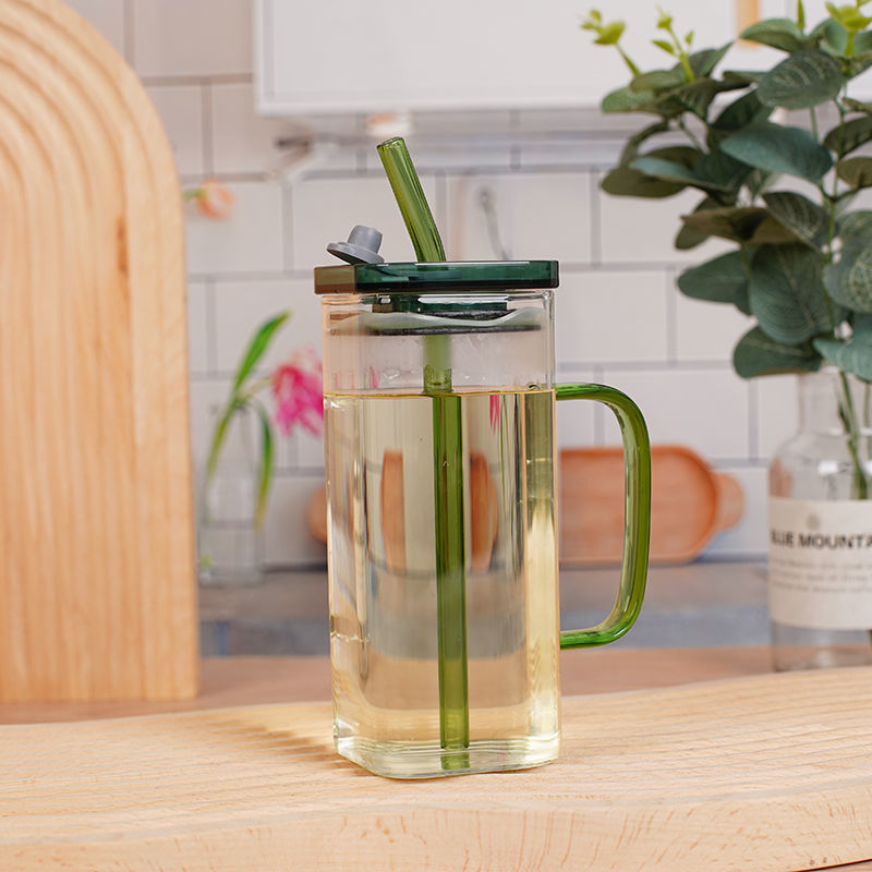 カラーハンドル単層ガラスストローカップ家庭用大容量ストローと蓋付き飲料花茶飲料単層カップ|undefined