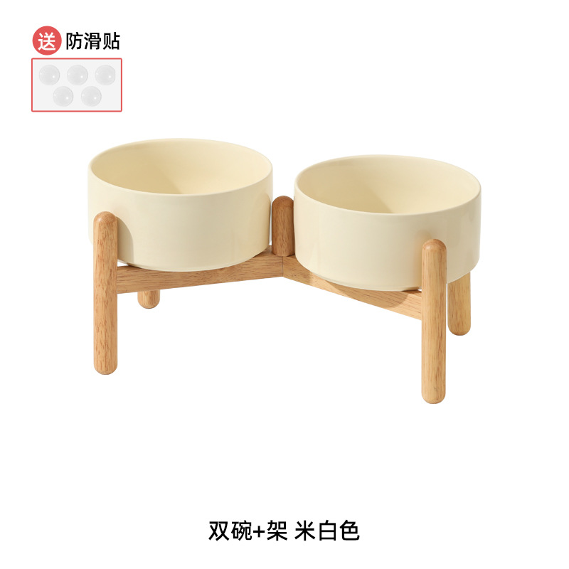Cuenco de cerámica del perro cuenco doble cuenco de soporte cervical mediano y grande tamaño pequeño cuenco de comida para perros cuenco de agua de madera traje de estante cuenco de perro