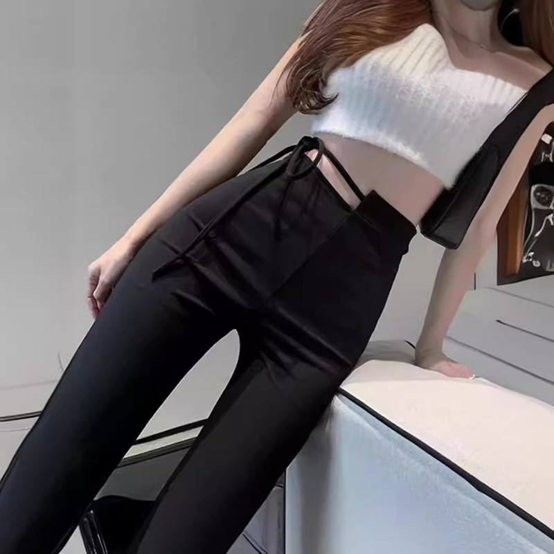 Irregular high waist micro flared pants women's spring and summer lace-up slim slimming horseshoe pants black casual mopping pants fashion