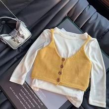 女童上衣秋款新款韩版洋气黄色针织背心开扣衬衣长袖两件套31170