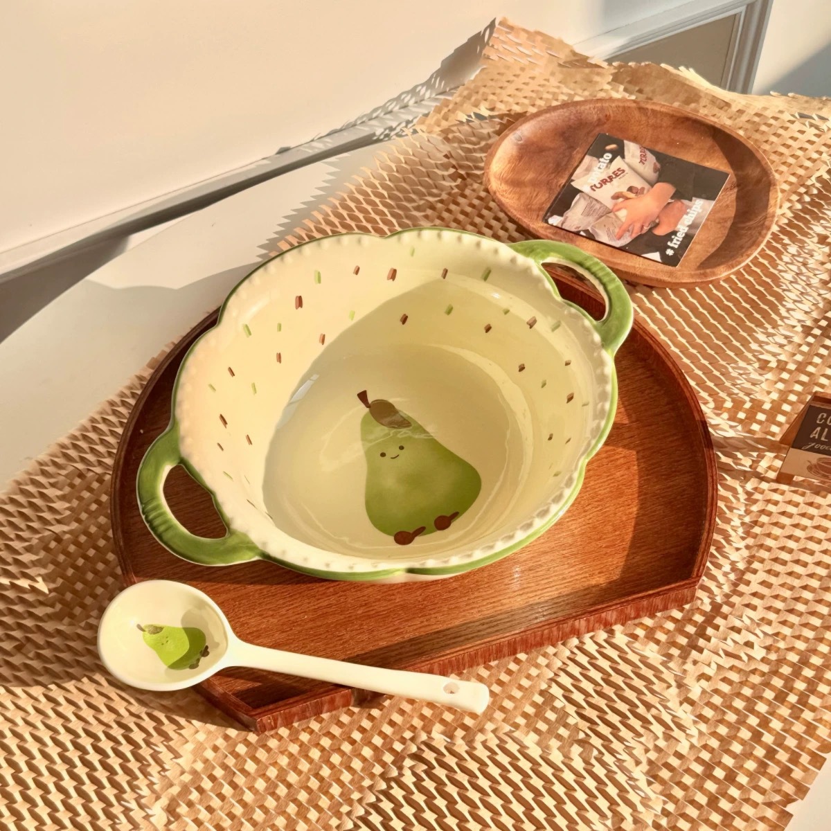 [Green Pear 2-piece set] 8.5-inch double-ear soup bowl + spoon