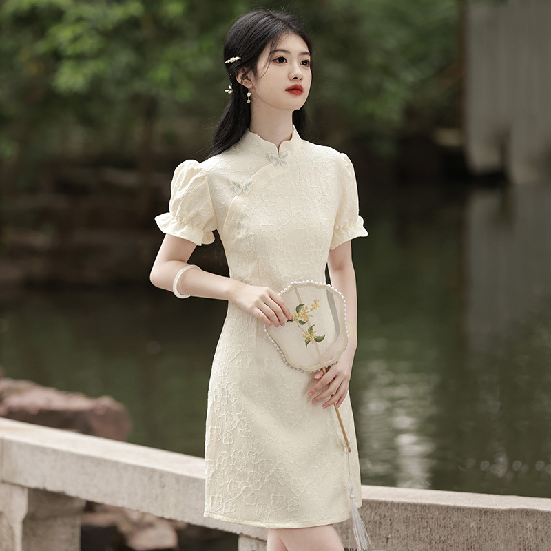 White Short-Sleeve Cheongsam 2024 New Youth Style Teenage Everyday Wear, Small Figure Retro Summer Dress