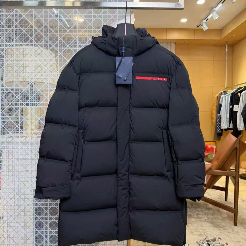 Cross-border European Style 2026 High-Quality Men's Red Label Long Hooded Down Jacket with Woven Tape Cross-border European Style 2026 High-Quality Men's Red Label Long Hooded Down Jacket with Woven Tape
