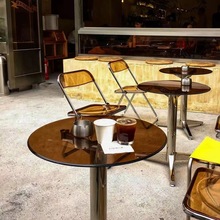 网红工业风椅子透明不锈钢折叠椅不锈钢圆桌子奶茶店咖啡厅桌椅