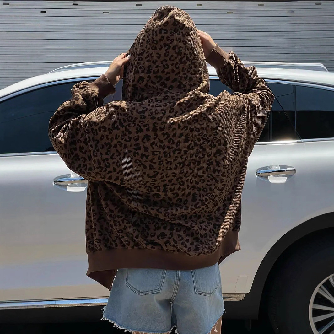 Women's Retro Leopard Print Hooded Cardigan - Oversized Streetwear Zip-Up Jacket With Long Sleeves, Casual Loose Fit, Polyester-Spandex Blend_voghion.com