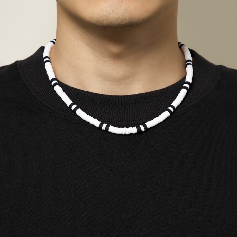 Amazon Hot Selling Bohemian Style Simple Geometric Men's Necklace Black and White Stitching Soft Pottery Necklace Wholesale