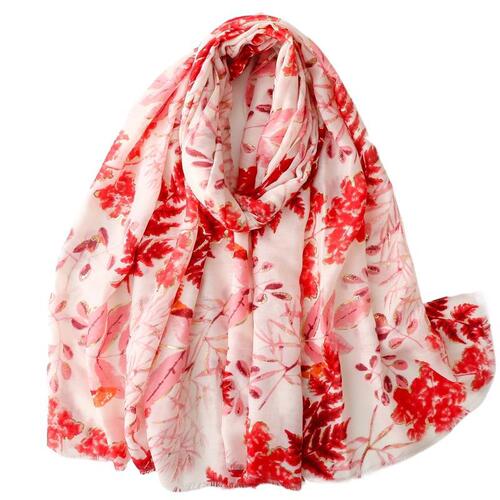 Cross-border foreign trade export level 4 cotton linen hand feel scarf with gold foil lush leaves print silk scarf women's shawl