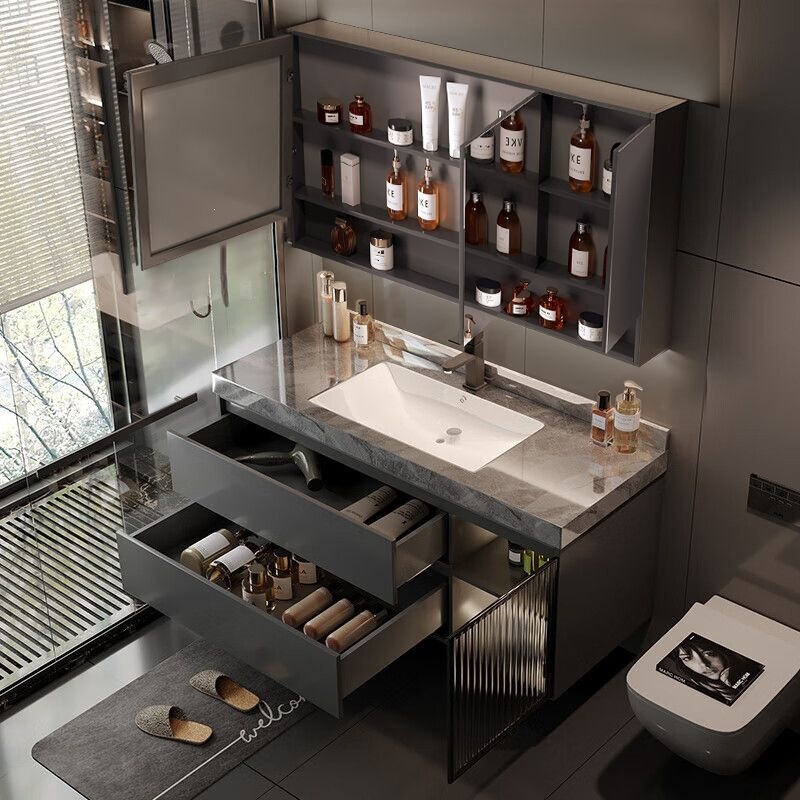 Washbasin Bathroom Vanity Set with Integrated Rock Slab Basin and Mirror Cabinet