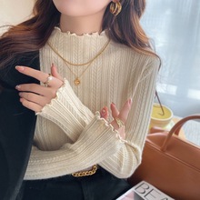 杏色针织衫半高领木耳边打底衫女内搭春秋新款毛衣感上衣
