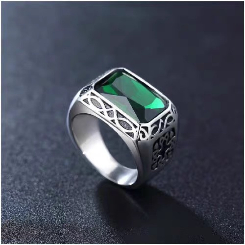 Cross-Border Hot-Selling New Style European and American Style Personalized Retro Imitation Emerald Square Ring Punk Men's Alloy Ring