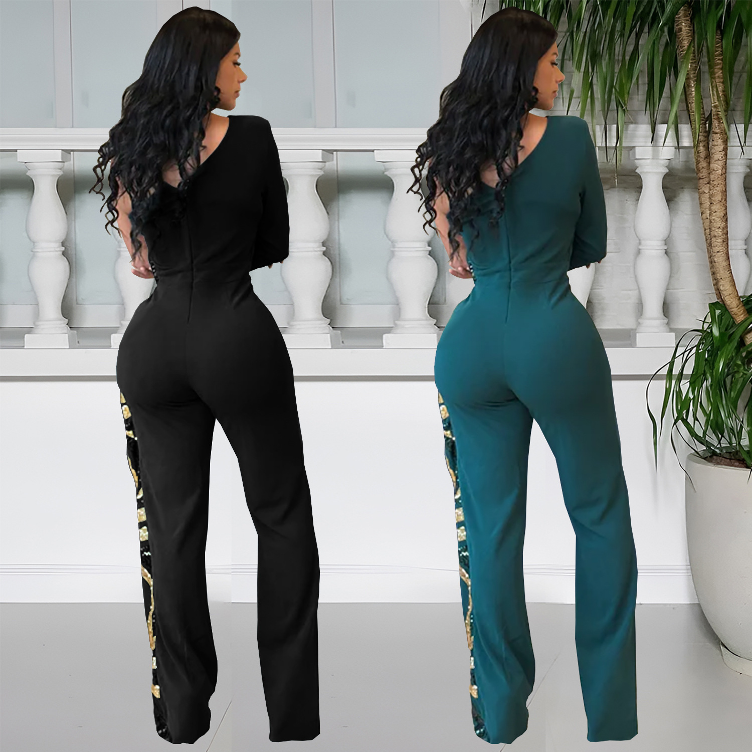 C7301 Cross-border AliExpress Amazon Ropa de mujer de moda europea y americana Temperamento ajustado de un solo hombro Bolso de lentejuelas Mono de brazo