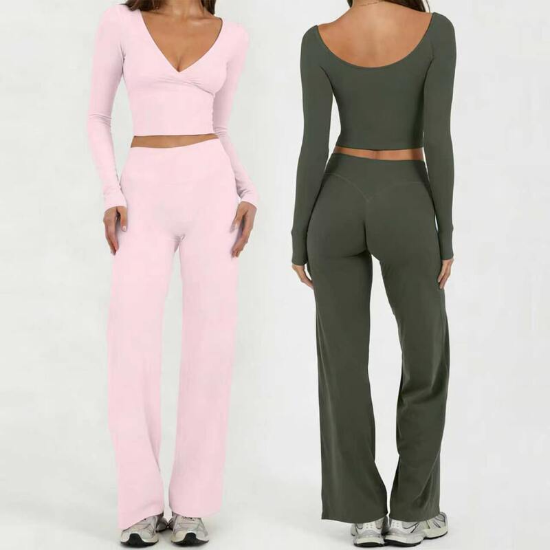 Aiba Cross-Border European and American Off-Shoulder Long-Sleeve Women's Two-Piece Casual Straight-Leg Pants Fitness Sports Yoga Outfit Set