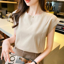 韩版女装新款2024夏麻棉圆领套头无袖衬衣显瘦修身通勤女时尚减龄