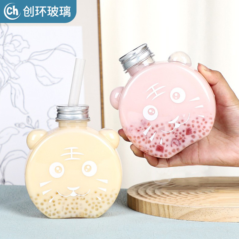 PET塑料奶茶瓶卡通小熊饮料瓶杨枝甘露一次性外卖打包瓶果茶瓶