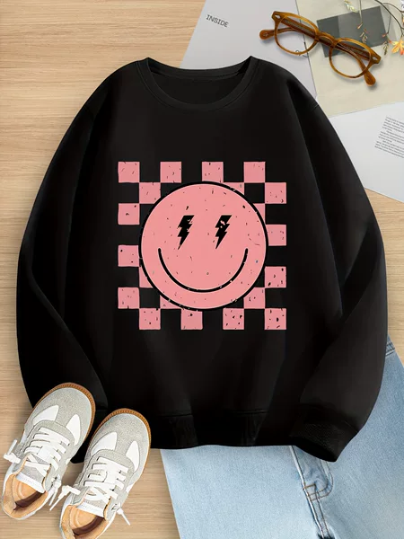 Cross-Border Export Ins Girls' Smiling Face Pattern Printed Round Neck Pullover Autumn and Winter Sweatshirt, Suitable for 7-14 Years Old