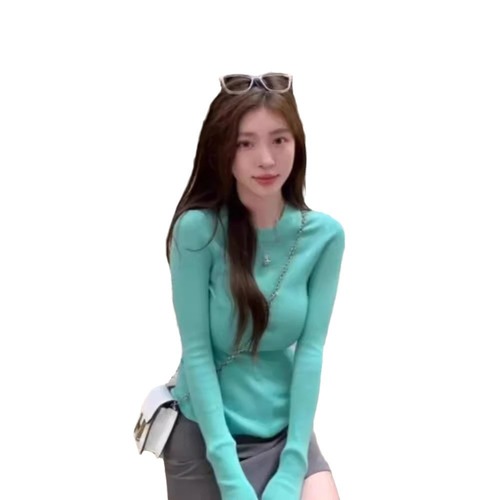 Hemp Bohemian Wave Green Round Neck Knitted Top for Women Spring Fitted Slimming Base Shirt with Straight Shoulder T-Shirt Long Sleeve Top