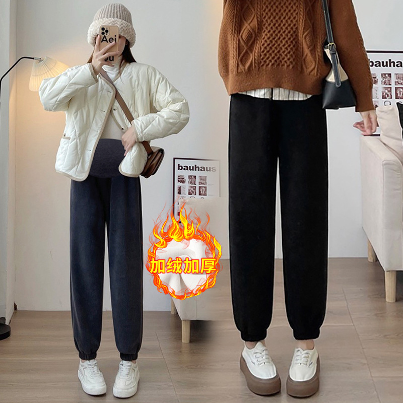 Pregnant women's casual pants winter thickened European cotton velvet high quality outer wear casual pants pregnant women's pants belly support pants