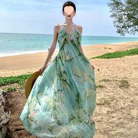 屿海之约薄荷绿碎花吊带挂脖连衣长裙春夏度假沙滩裙子图色