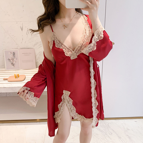 Women's Sexy Lace Split Back Silk Slub Straps Nightgown Set with Bra Cup Two-Piece Sleep Dress