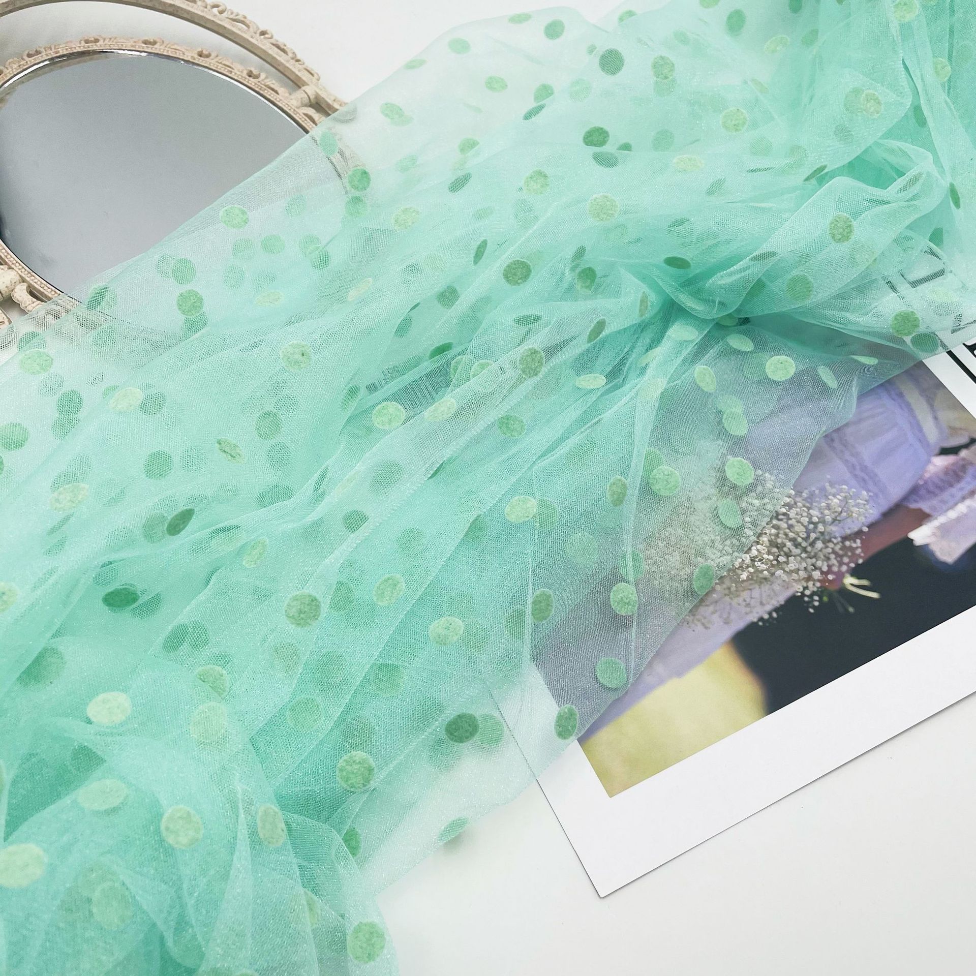 多色现货厂直供闪光底植绒一公分圆点波点网纱蕾丝童装洛丽塔面料